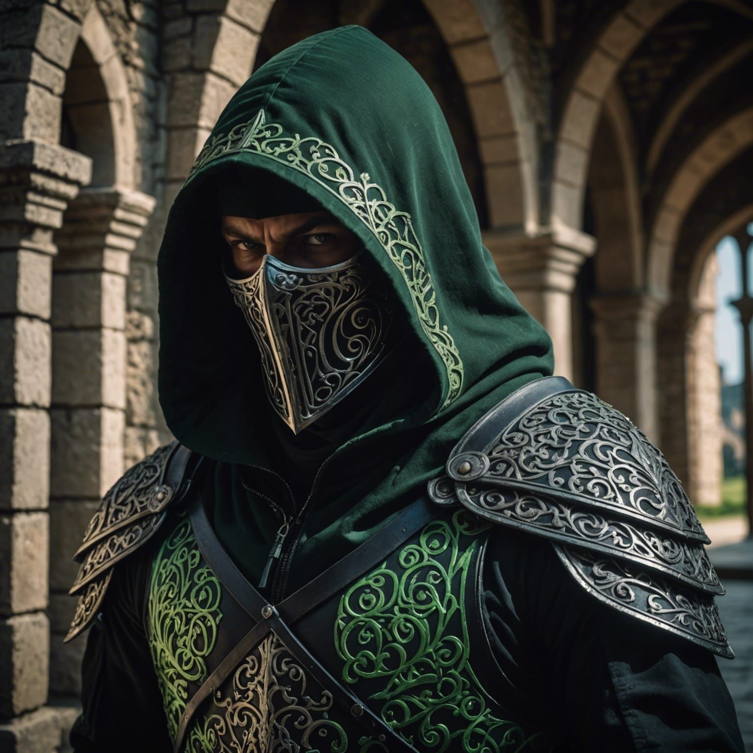Hooded Assassin in Shadows with Cinematic Lighting