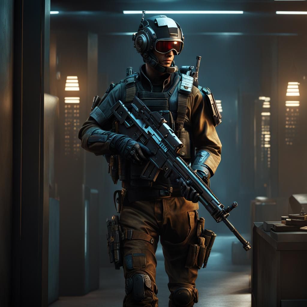 Cyberpunk Mercenary in Office Entrance Hall