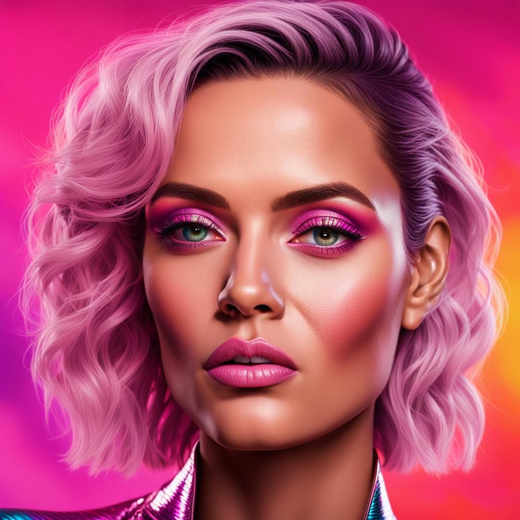 Metallic Pink Glamour: High-Fashion Portrait in Nagel Style
