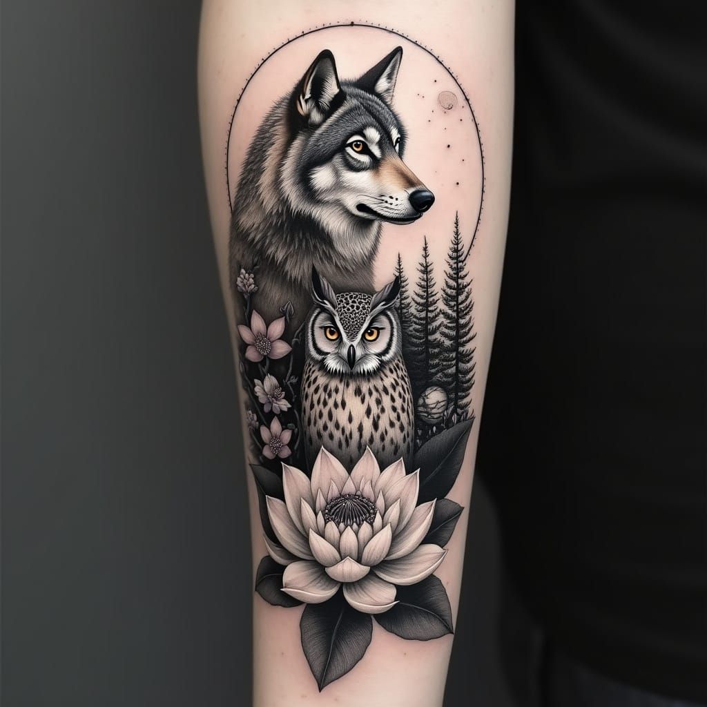Detailed Black and Grey Tattoo Design with Lotus and Owl