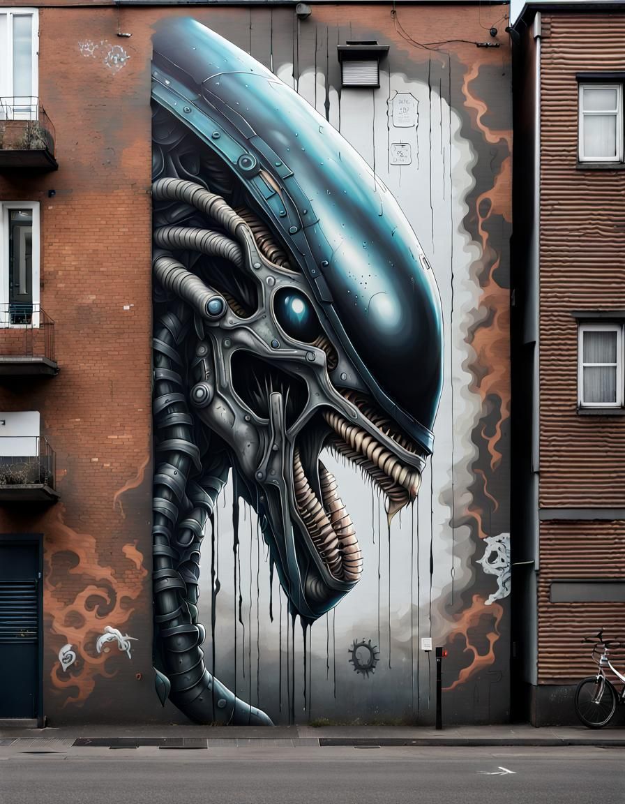 Xenomorph Graffiti Mural in Steampunk Style