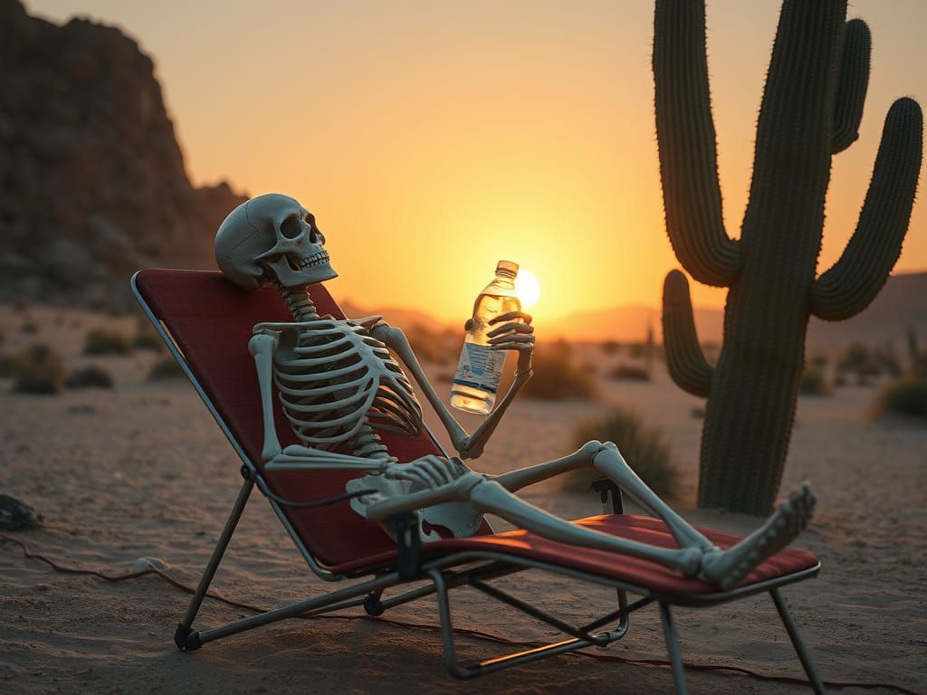 Skeleton Lounging in Desert at Sunset in Science Fiction Sty...