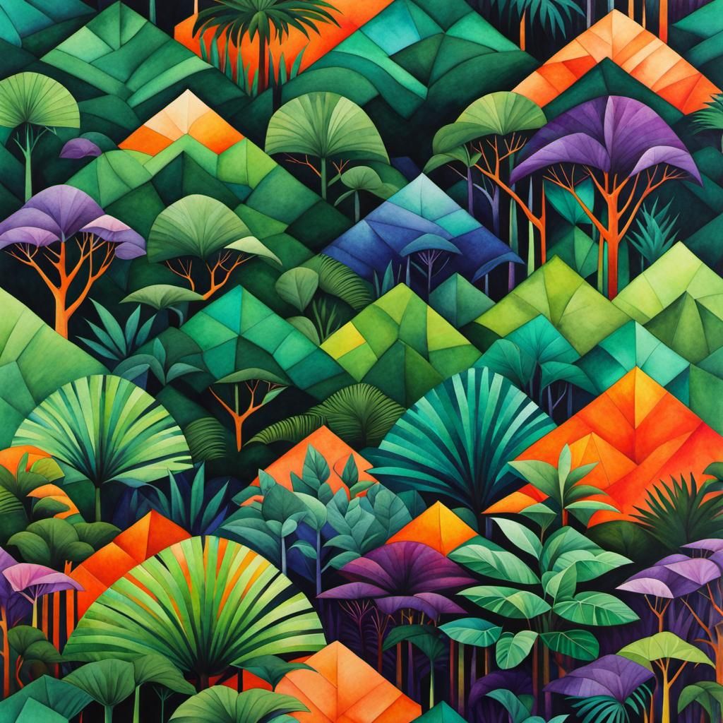 Geometric Rainforest Tessellation in Watercolor Style