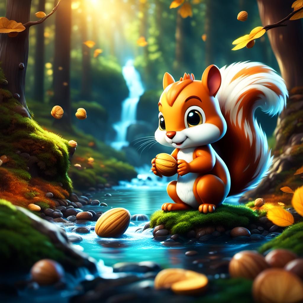 Chibi Squirrel Gathering Nuts in Sunlit Forest