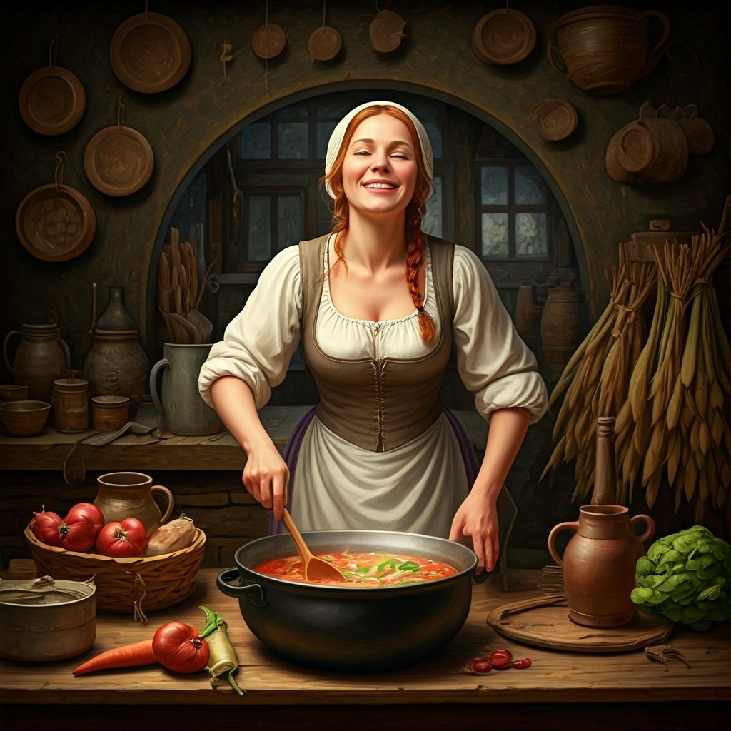 Medieval Woman Cooking Soup in Folk Art Style