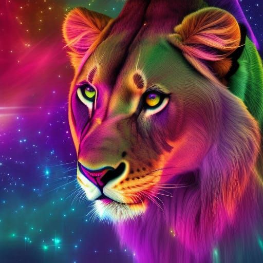 Lioness in Savannah: Holographic Cosmic Illustration