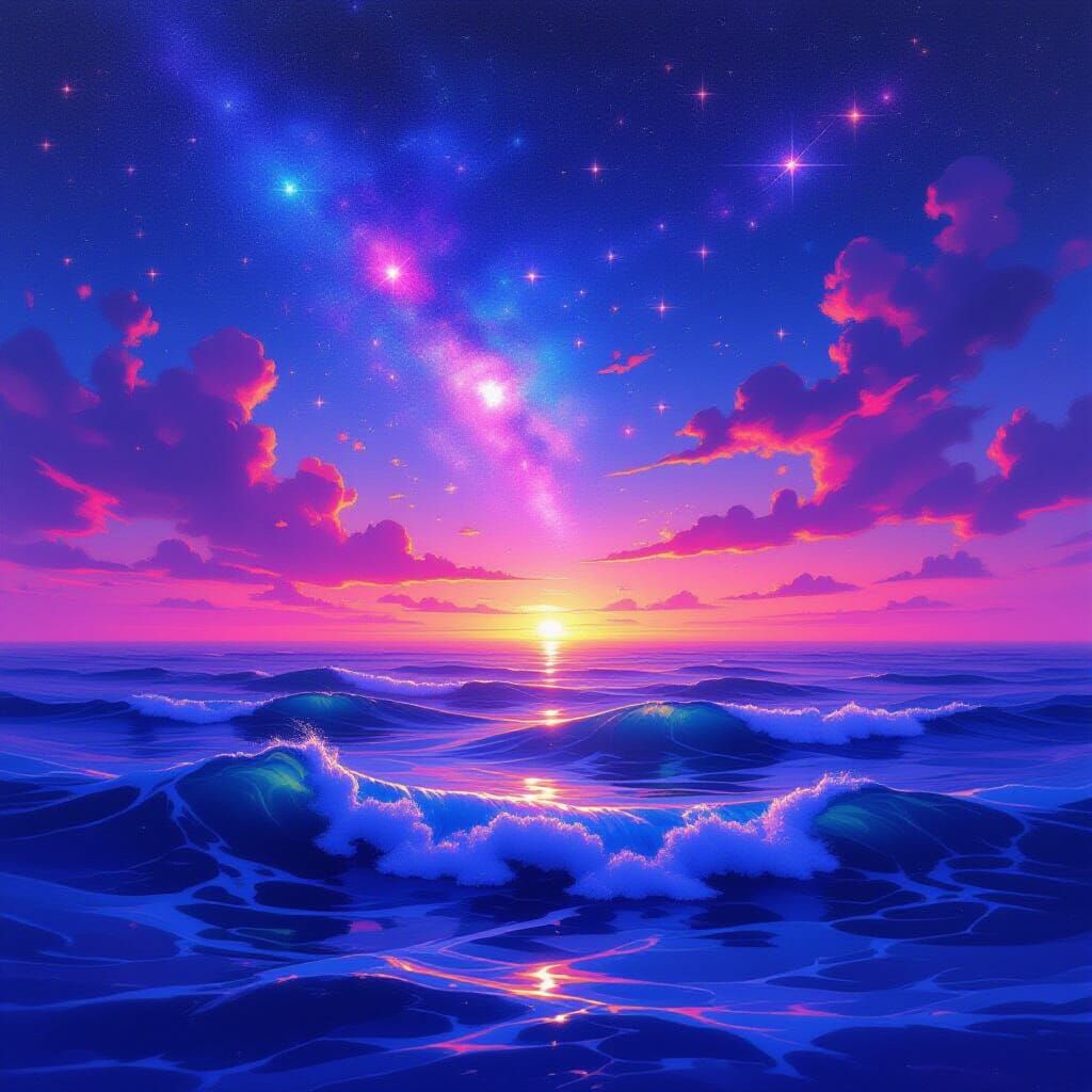 Cosmic Seascape with Galaxies in Neon Sunset Sky