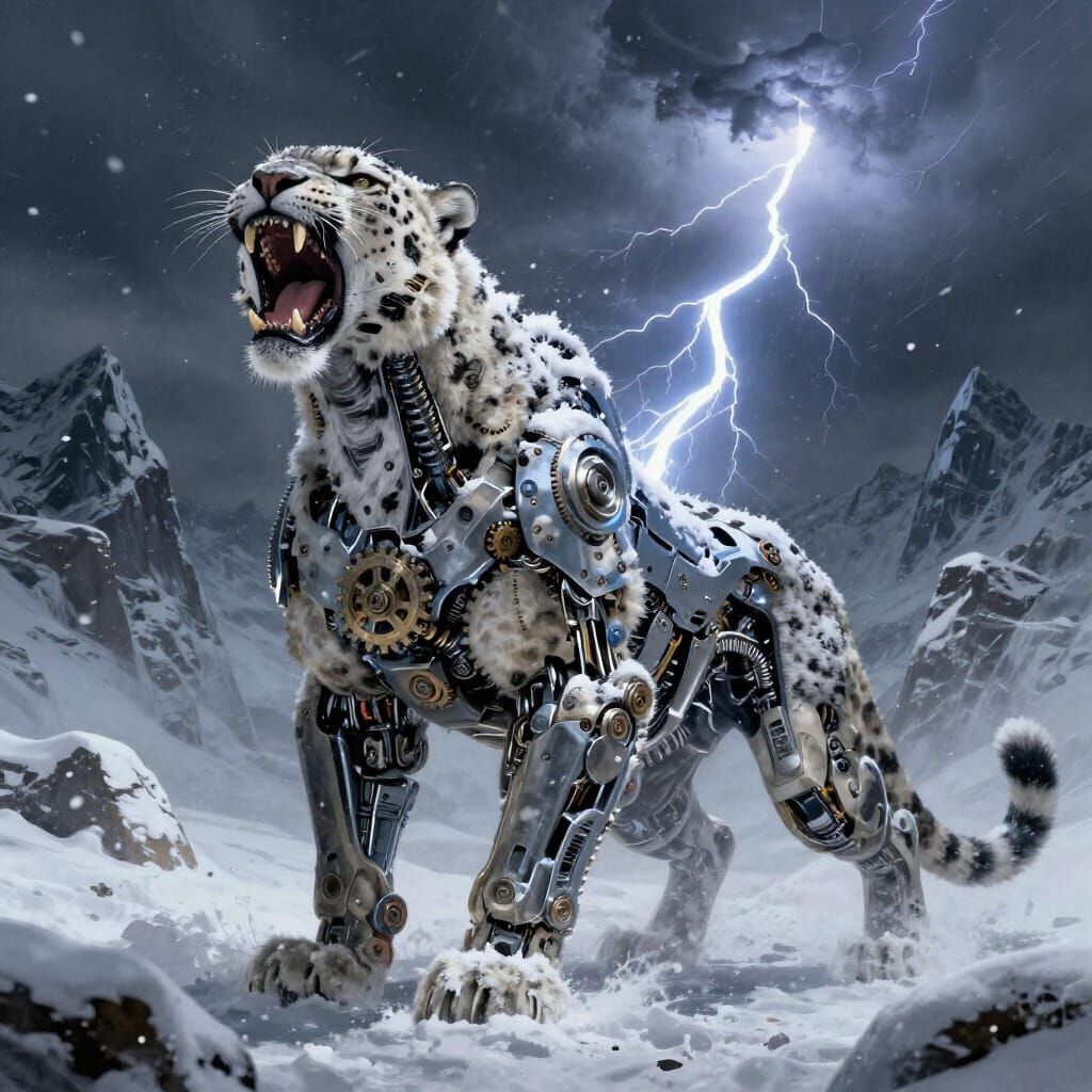 Mechanical Snow Leopard Roars in Winter Storm