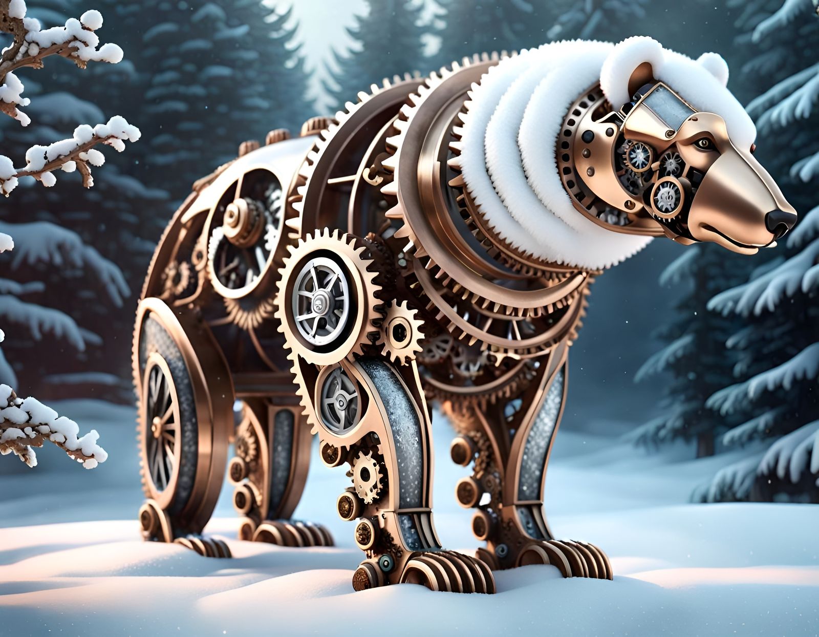 Steampunk Polar Bear Statue in Winter Landscape