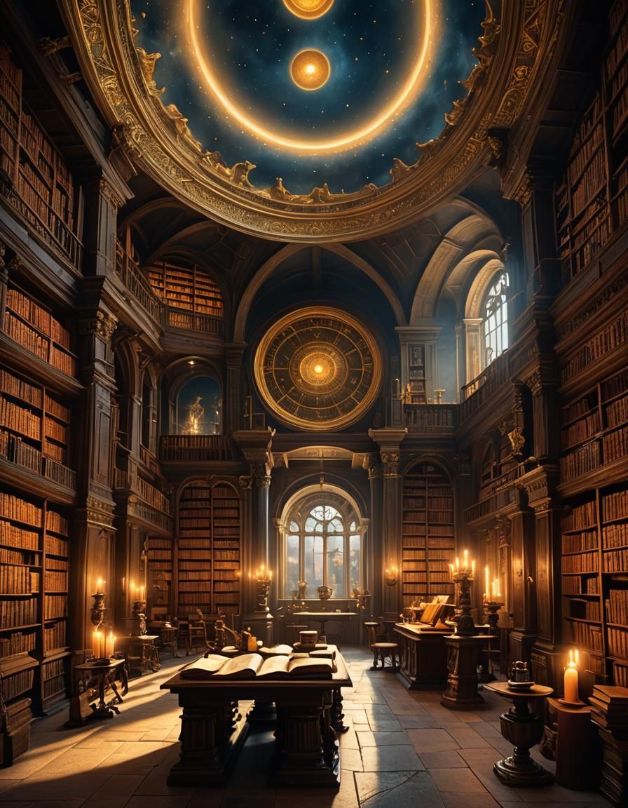 Renaissance Library with Ancient Tomes and Golden Relics