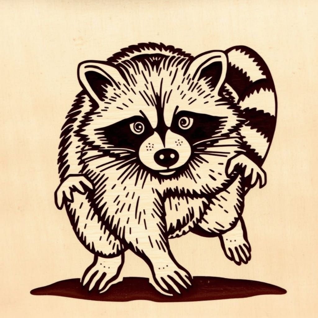 The woodcut of a raccoon showcases the animal in a dynamic pose, perhaps captured mid-stride or playfully reaching out w...
