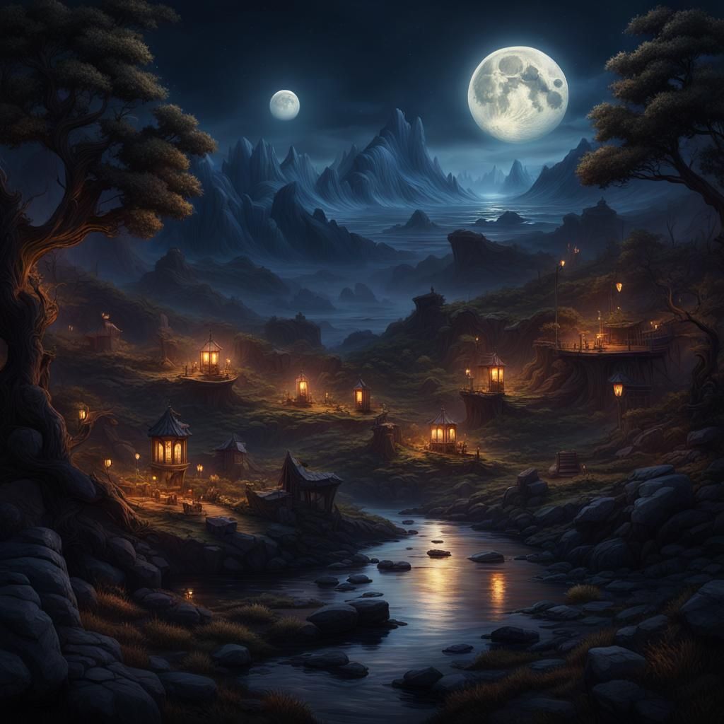 Moonlit Fantasy Landscape in Detailed Matte Painting