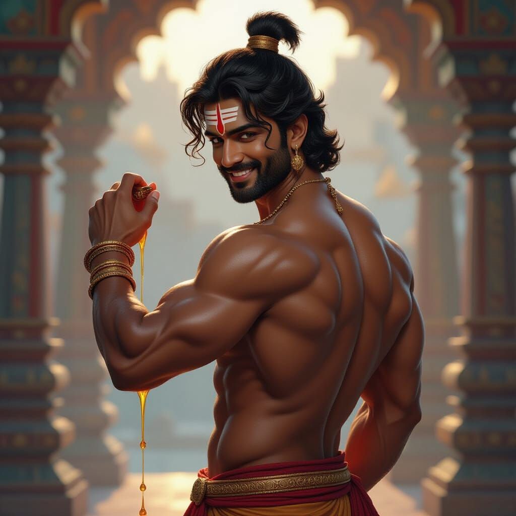 Hindu God Kartikeya Sensually Anointing Body in Dynamic Art