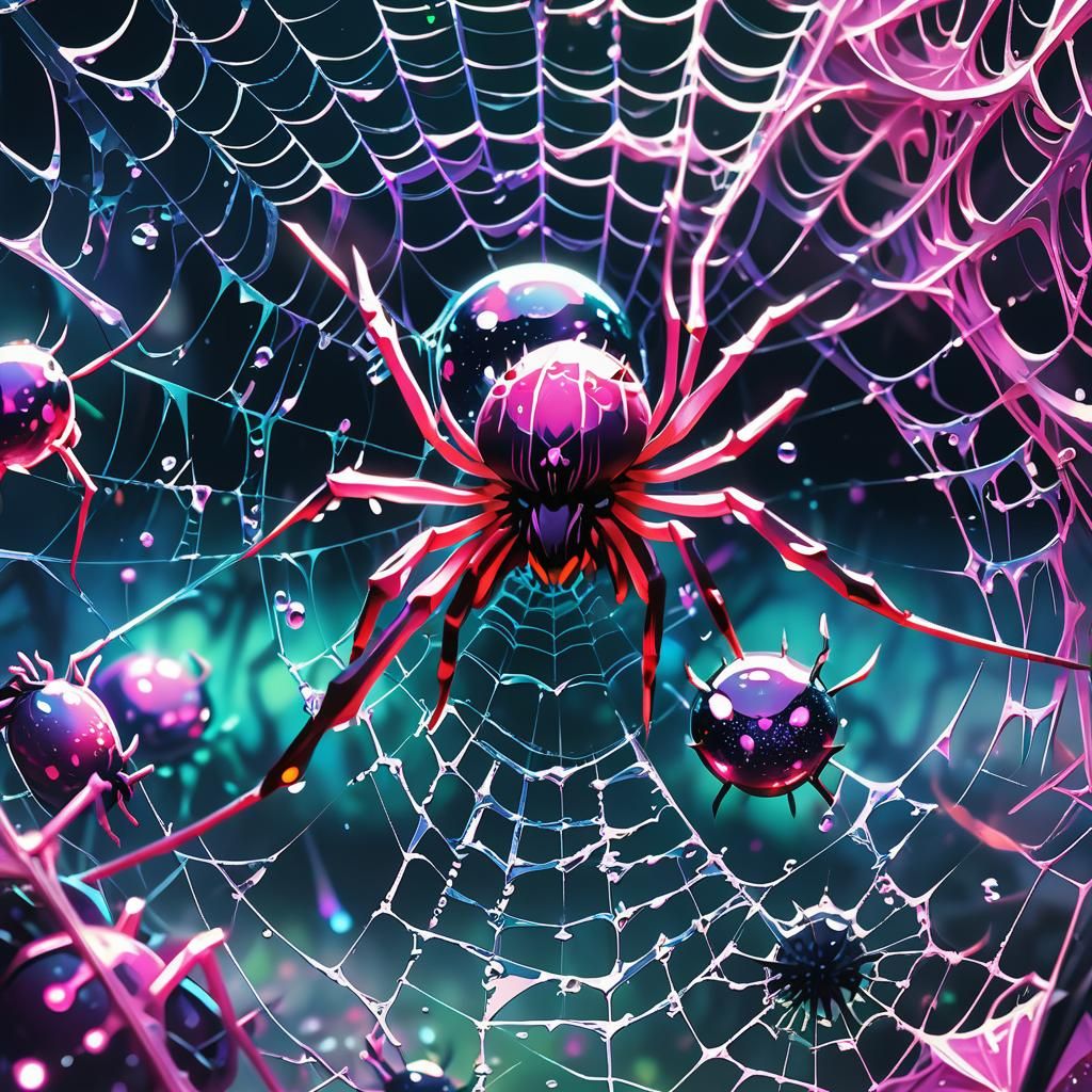 Pink Fanged Space Spiders in Iridescent Web: Anime 3D Art