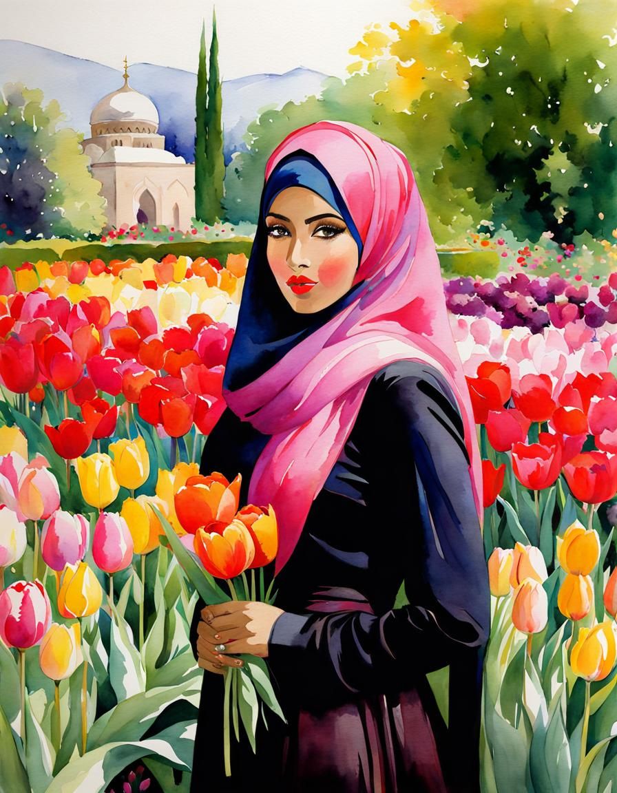 Watercolor: Woman in Hijab in Tulip Garden