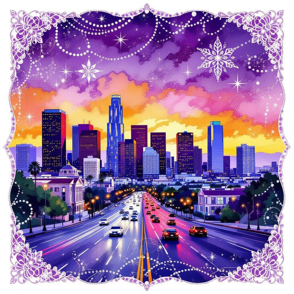 Violet Opulence LA Street Sunset in Baroque Style