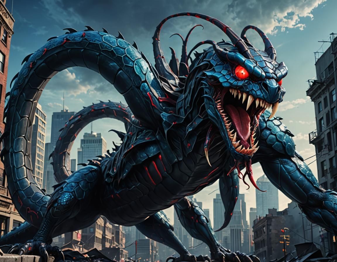 Dark Fantasy Snake-Spider Kaiju Unleashes Terror