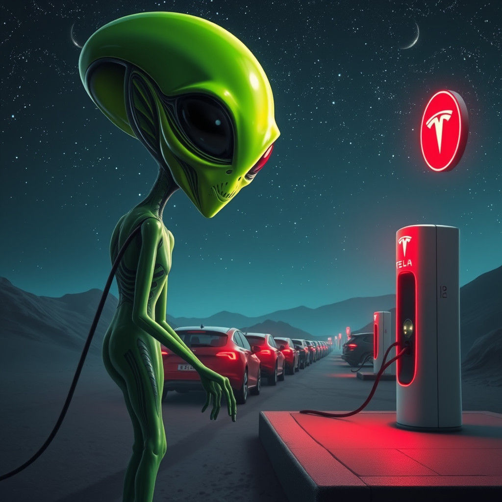 Alien Spaceship Waits at Tesla Charging Station