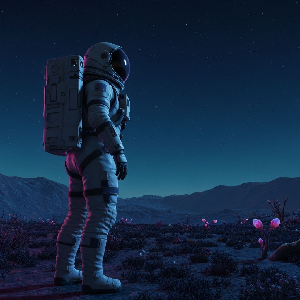 Astronaut on Alien Planet Gazing at Nebula