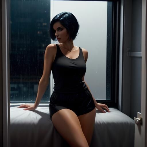 Beautiful Spanish Woman Gazing at Rainy Night