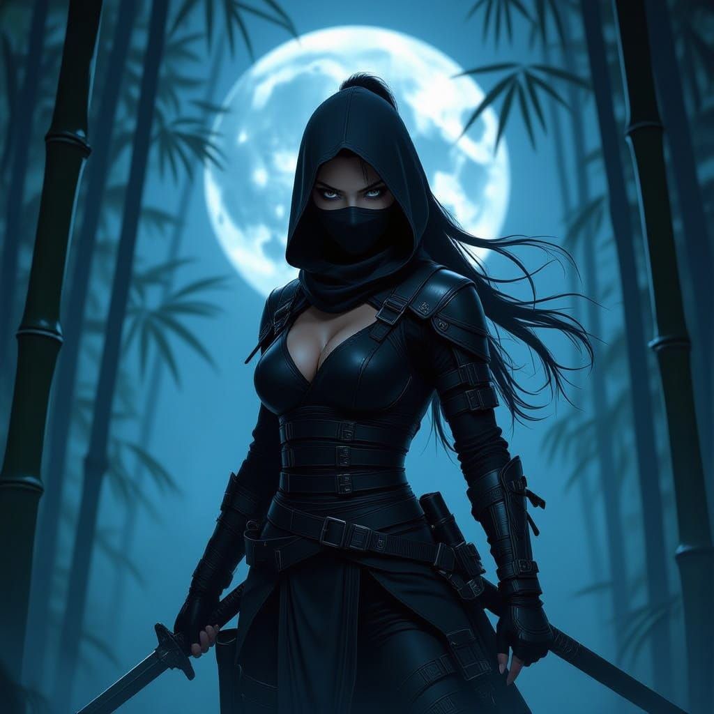 Female Ninja in Moonlit Bamboo Forest