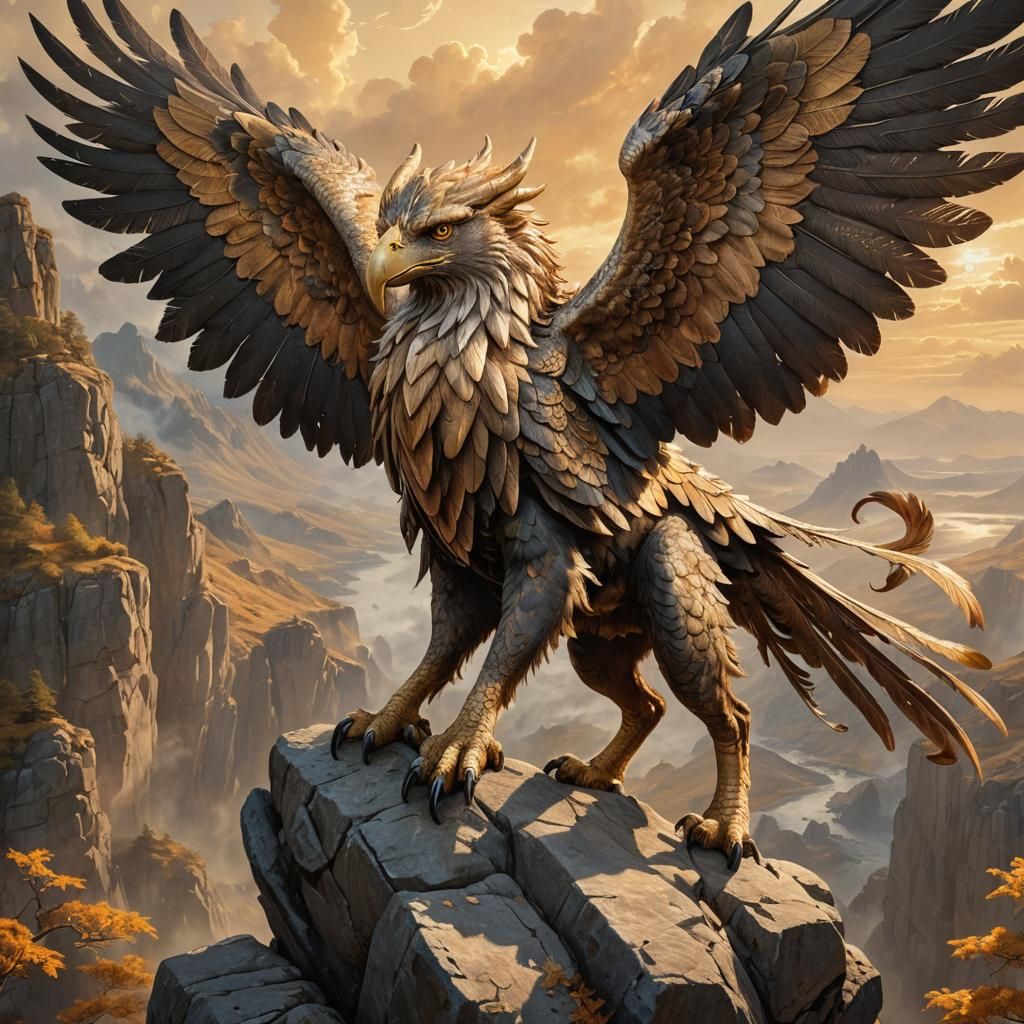 Griffin Spreads Wings in Golden Light: Fantasy Art