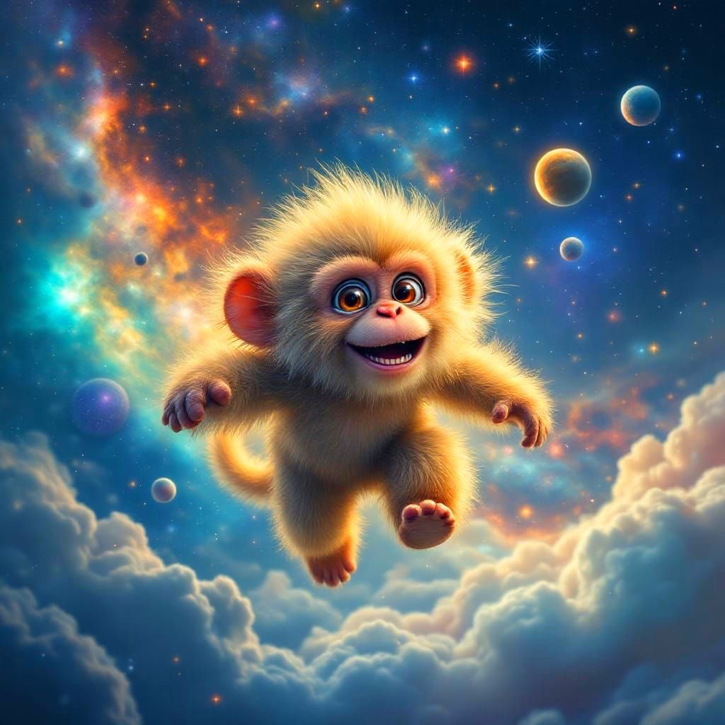 Smokey Monkey Exploring a Vibrant Galaxy in Whimsical Style
