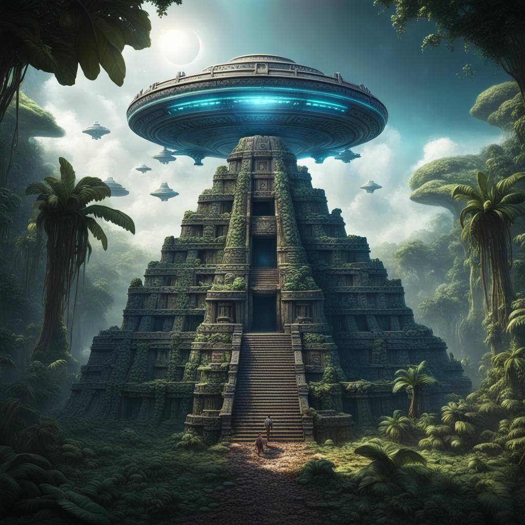 Mayan Temple Under Alien Invasion: Fantasy Art
