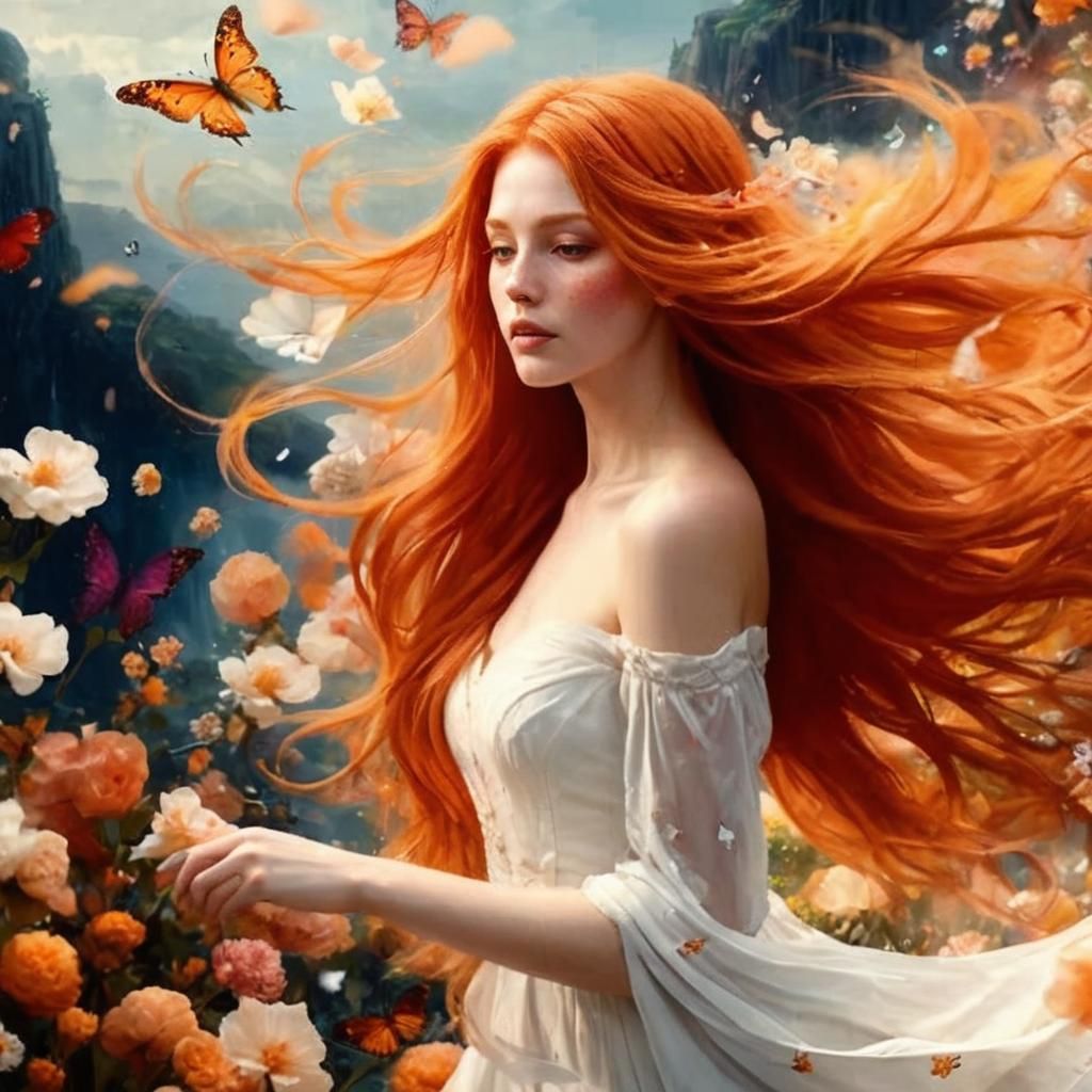 Fantasy Woman with Red Hair and Butterflies