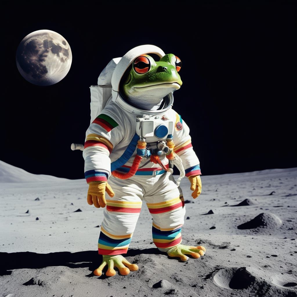 Frog Astronaut on the Moon with Kimono and Sombrero