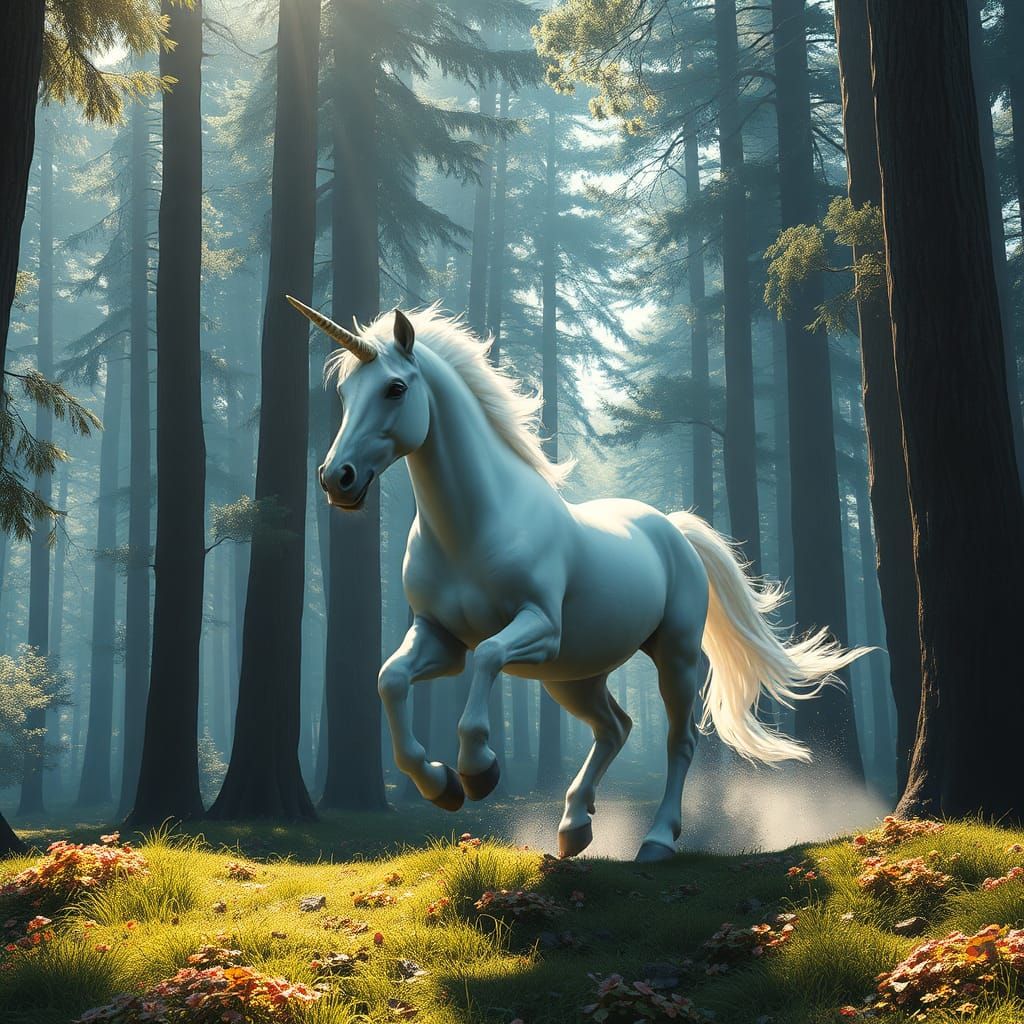 Majestic Unicorn in Forest, Matte Painting Style