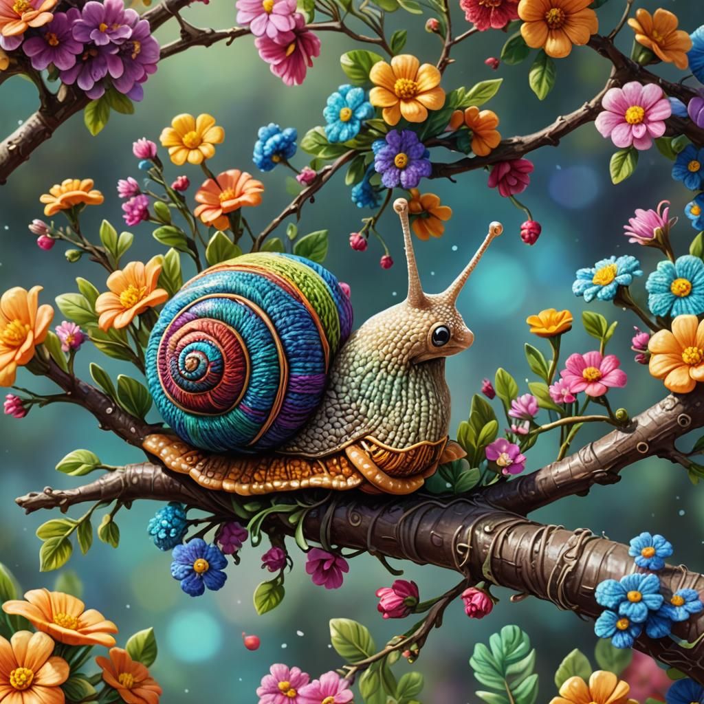 Whimsical Yarn-Shelled Snail on Floral Branch