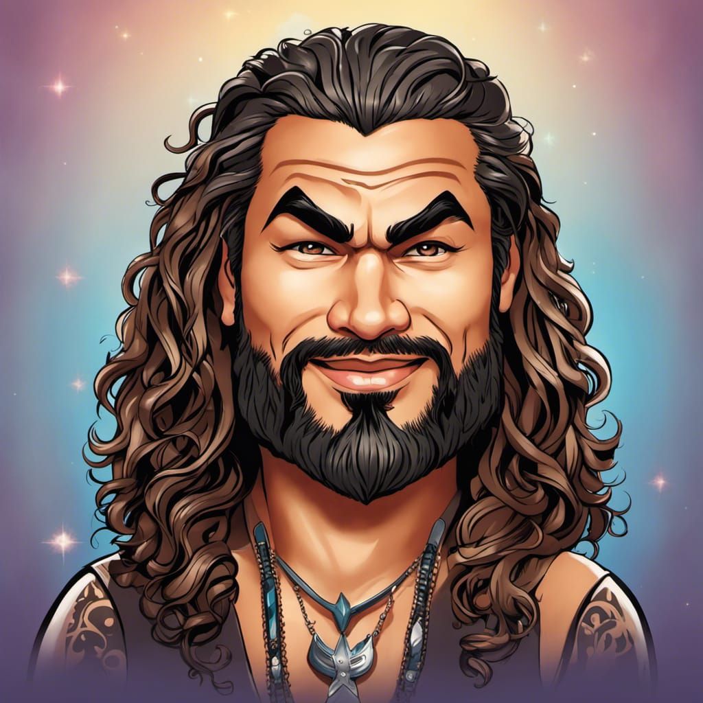 Chibi Caricature of Jason Momoa with Exaggerated Features