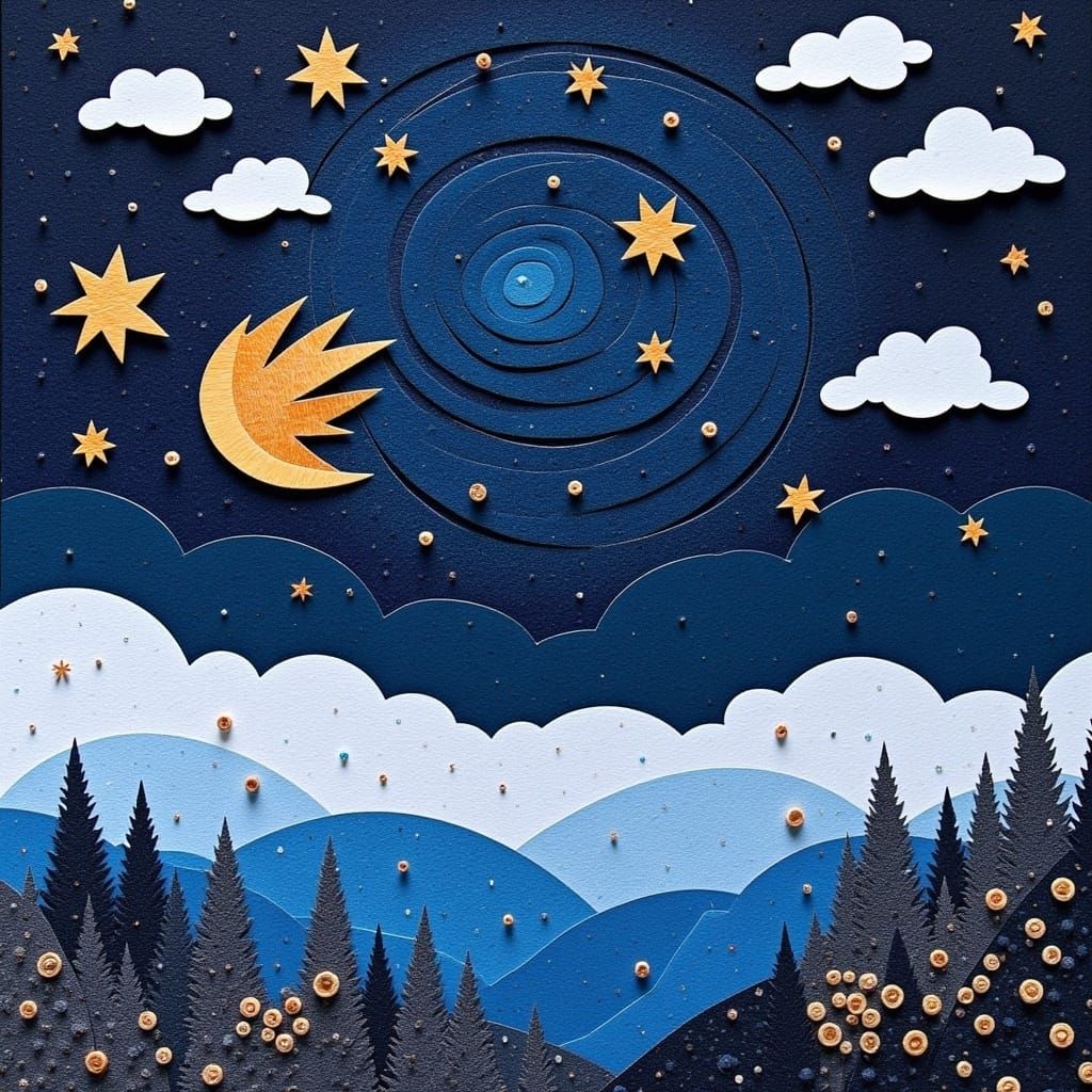 Dreams Across Night Sky: A Paper Art Collage