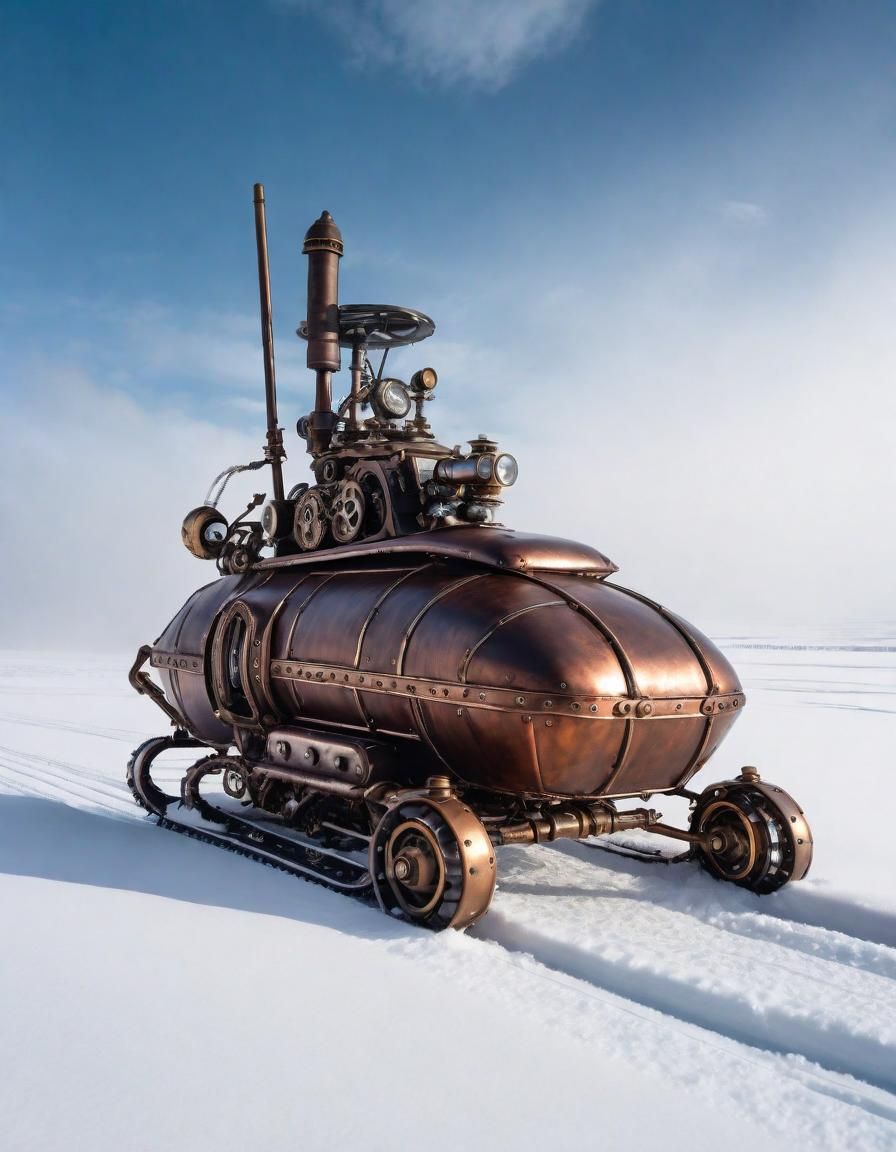 Steampunk Snowmobile in Snowy Field