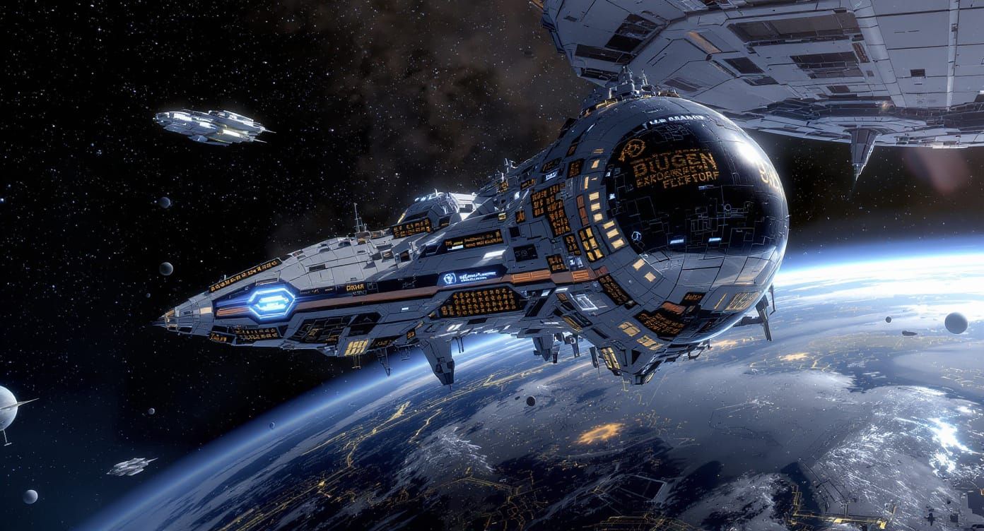 Futuristic Starship Orbiting Earth in Neon-Lit Style