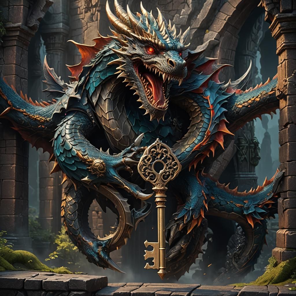 Dragon Guarding Key: Detailed Fantasy Art
