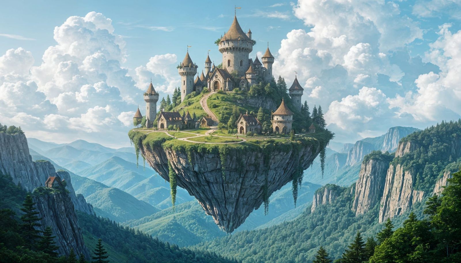 Floating Island with Elven Cottages Over Forested Terrain