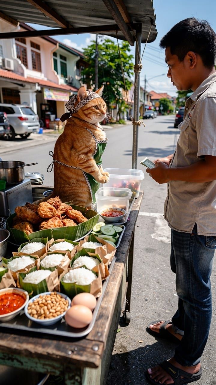 Orange Cat Sells Nasi Lemak on Busy Malaysian Street