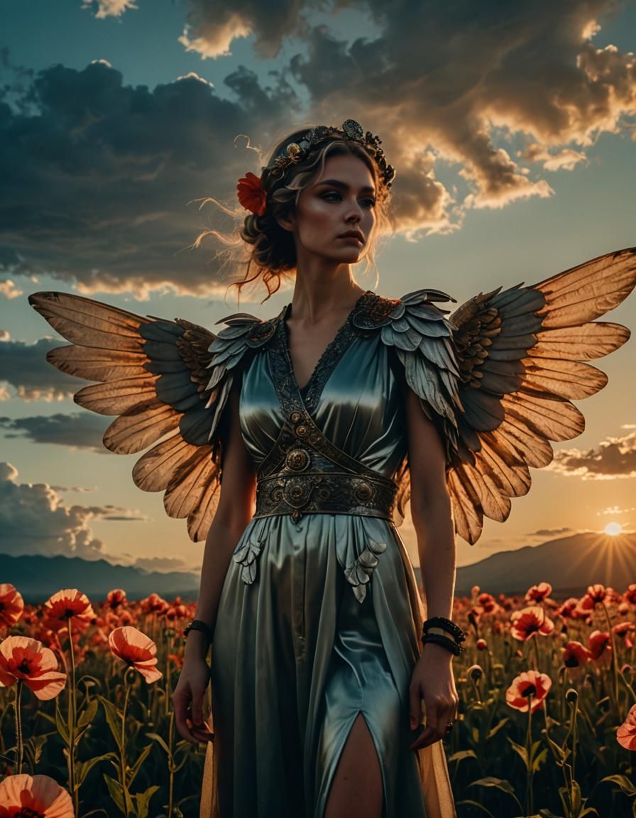 Supermodel with Angel Wings and Poppies at Sunset