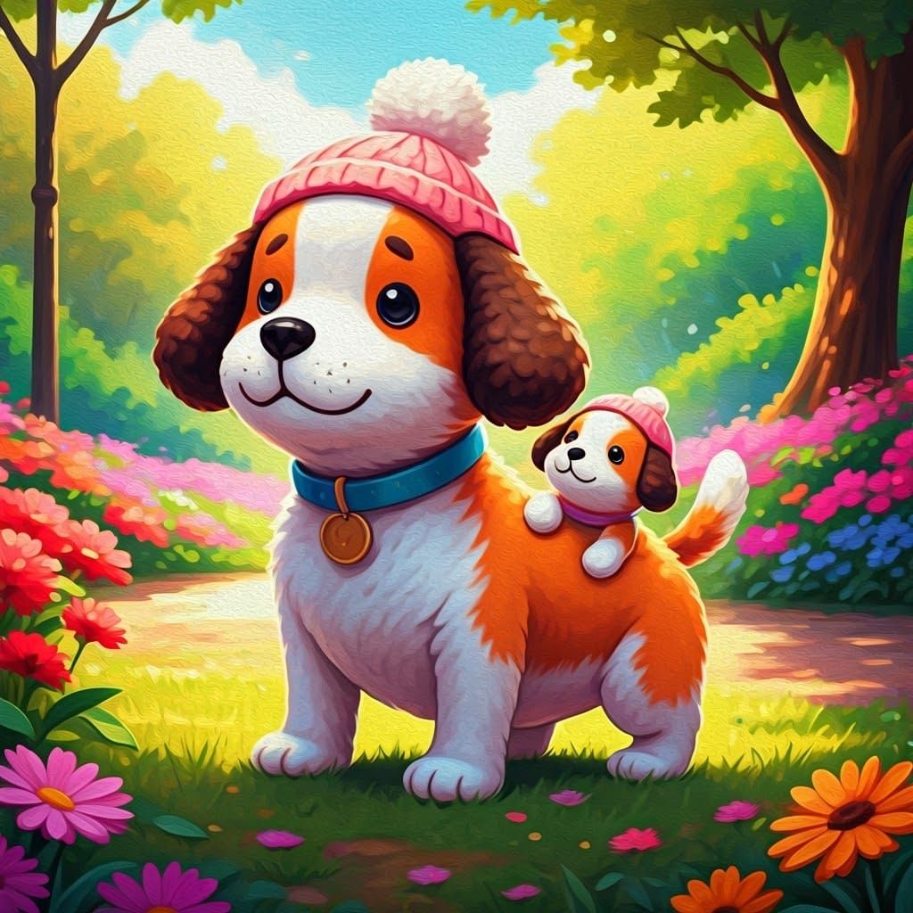 Mother Dog Amigurumi Carries Puppy in Park