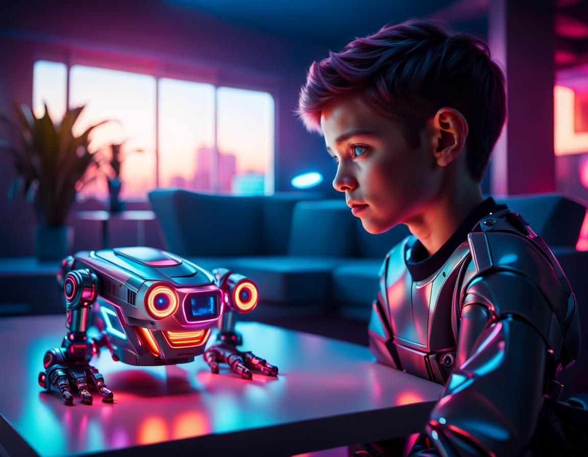 Boy and Robot Toy in Cyberpunk Style