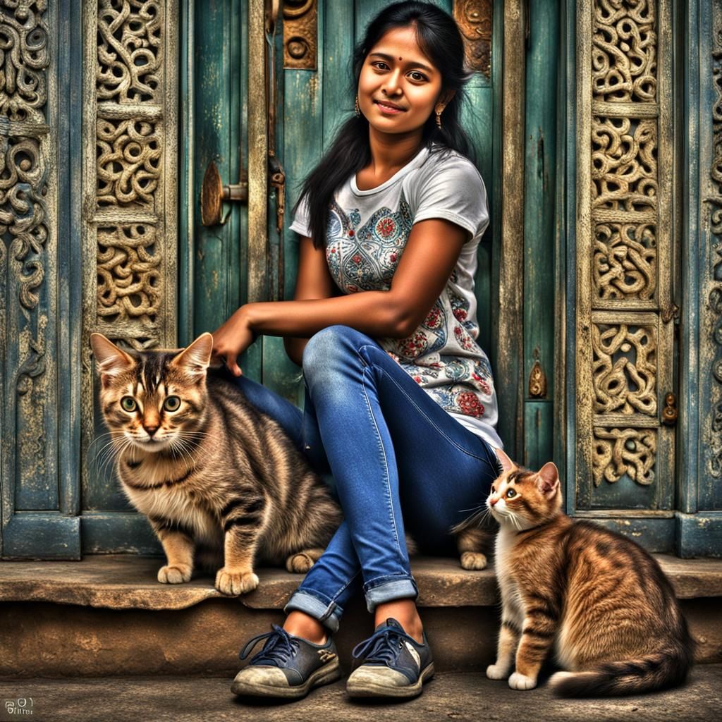 Assamese Woman with Cats in Hyperrealistic Style