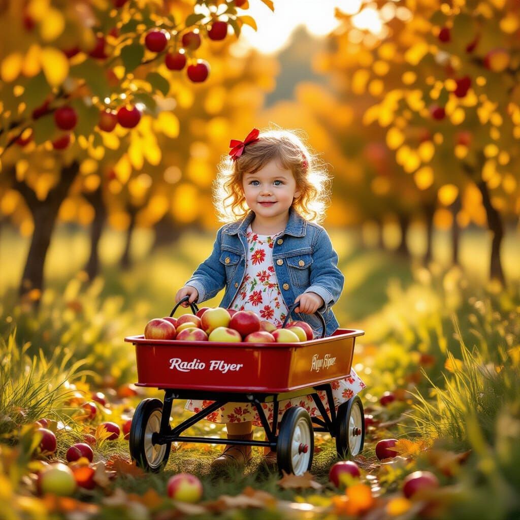 Girl Pulls Apple-Filled Wagon in Autumn Orchard