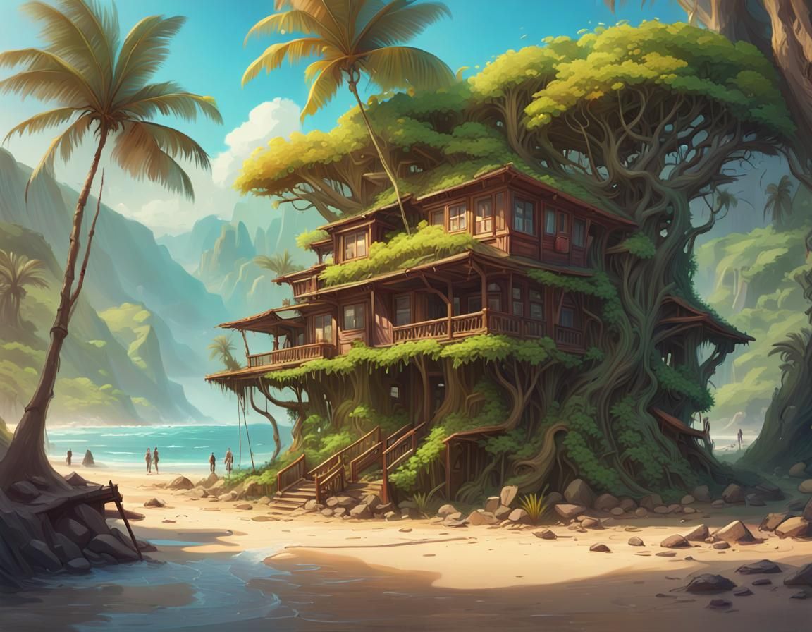 Hawaiian Solarpunk Village with Banyan Tree Houses