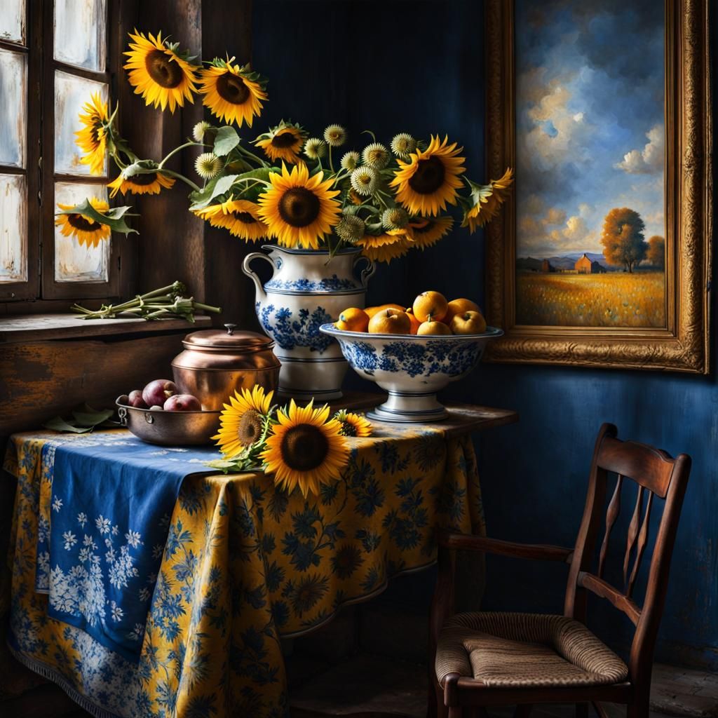 Sunflowers and Flag: Magical Realism Still Life