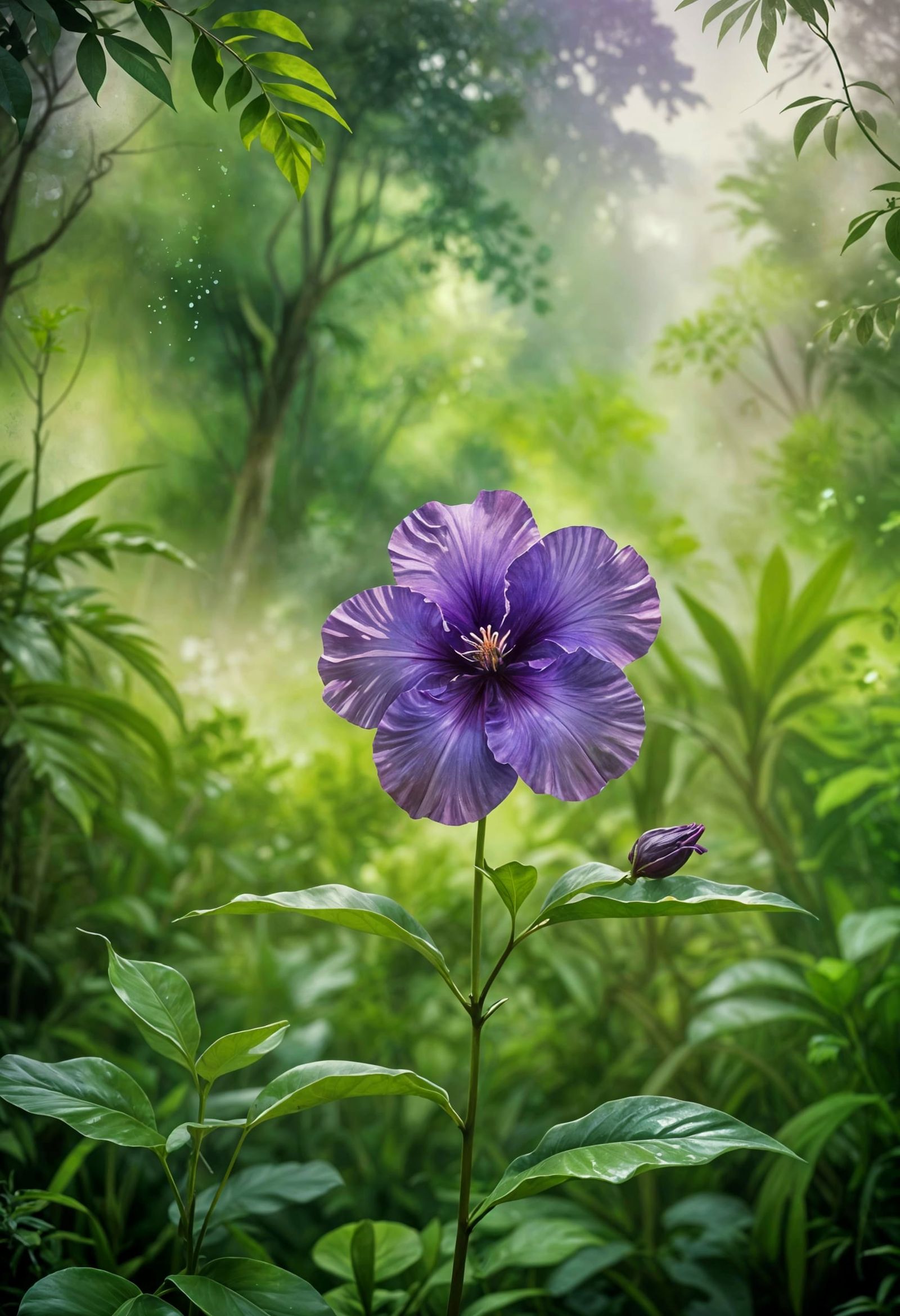 Purple Flower Blooms in Tropical Jungle Watercolor