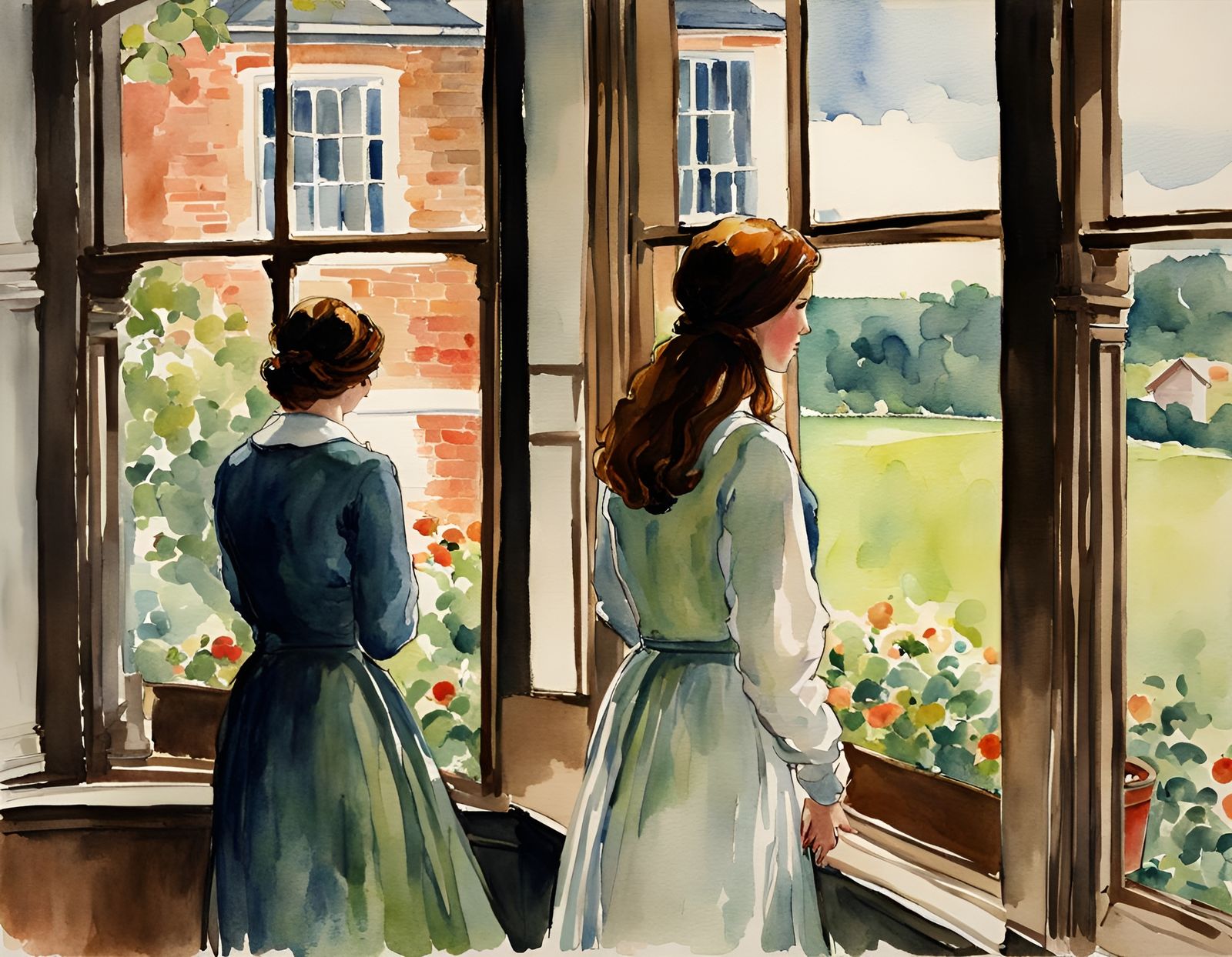 Woman Gazing Out Window in Watercolor Style