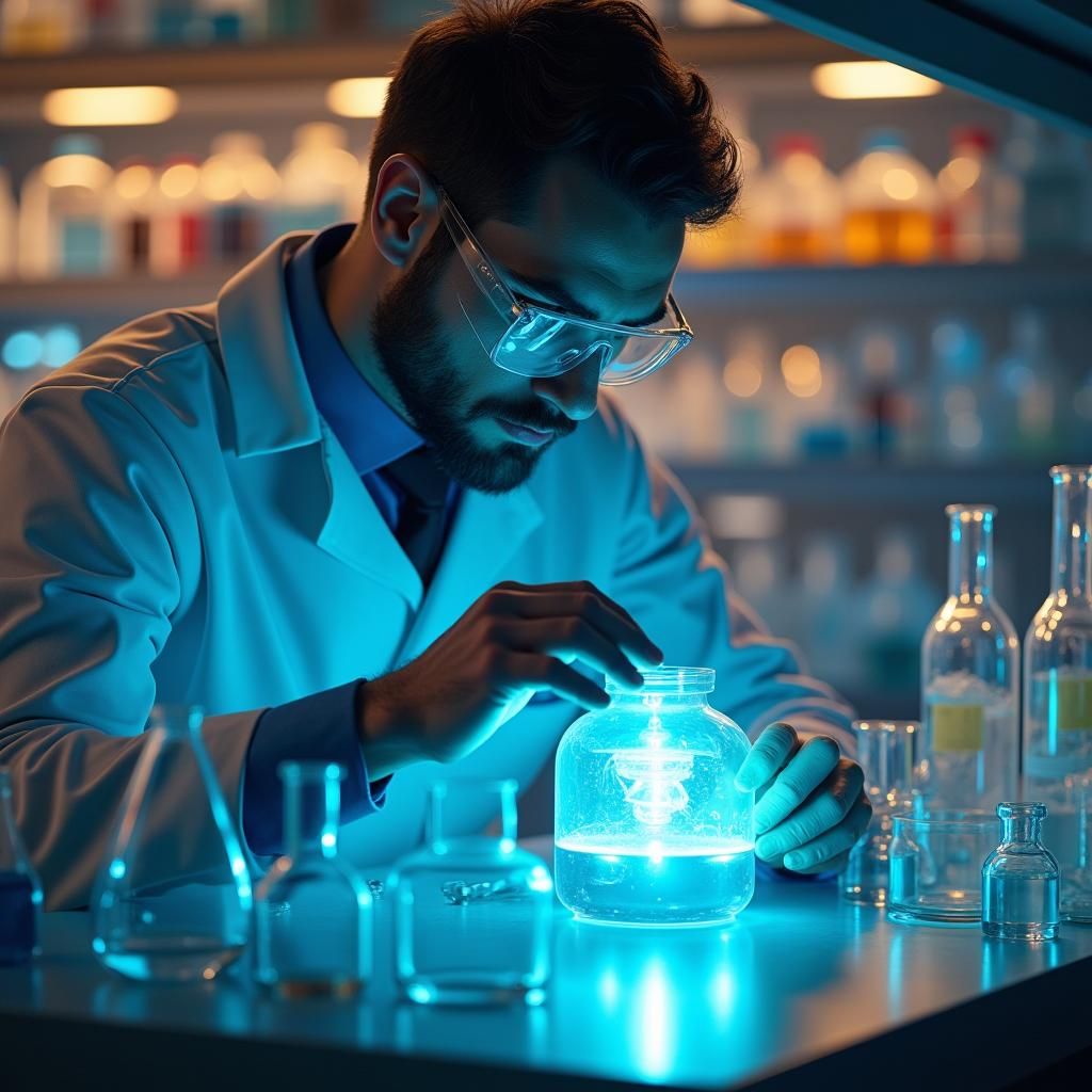 Futuristic Chemist in Lab with Photocatalysis Device