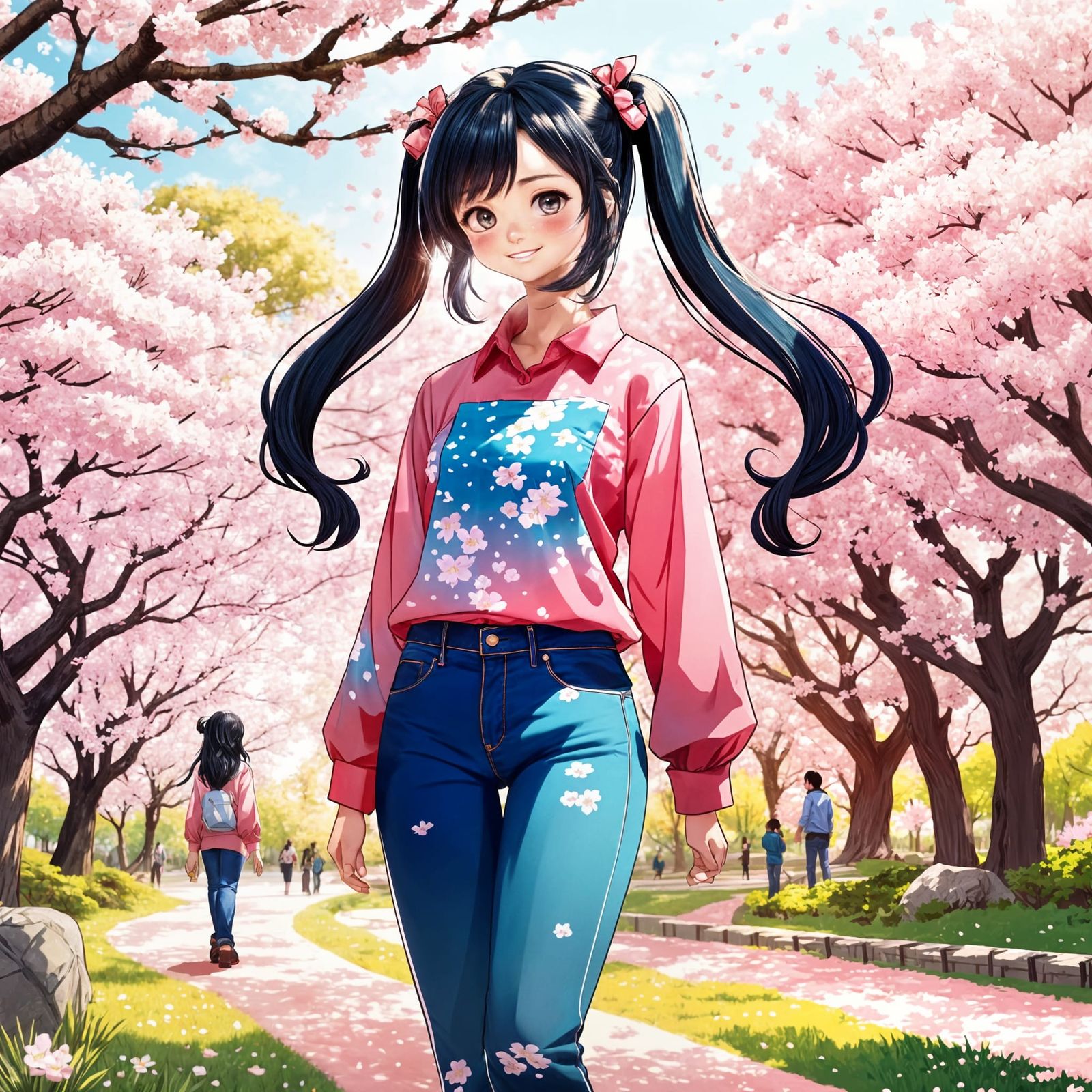 Anime Woman in Cherry Blossom Park